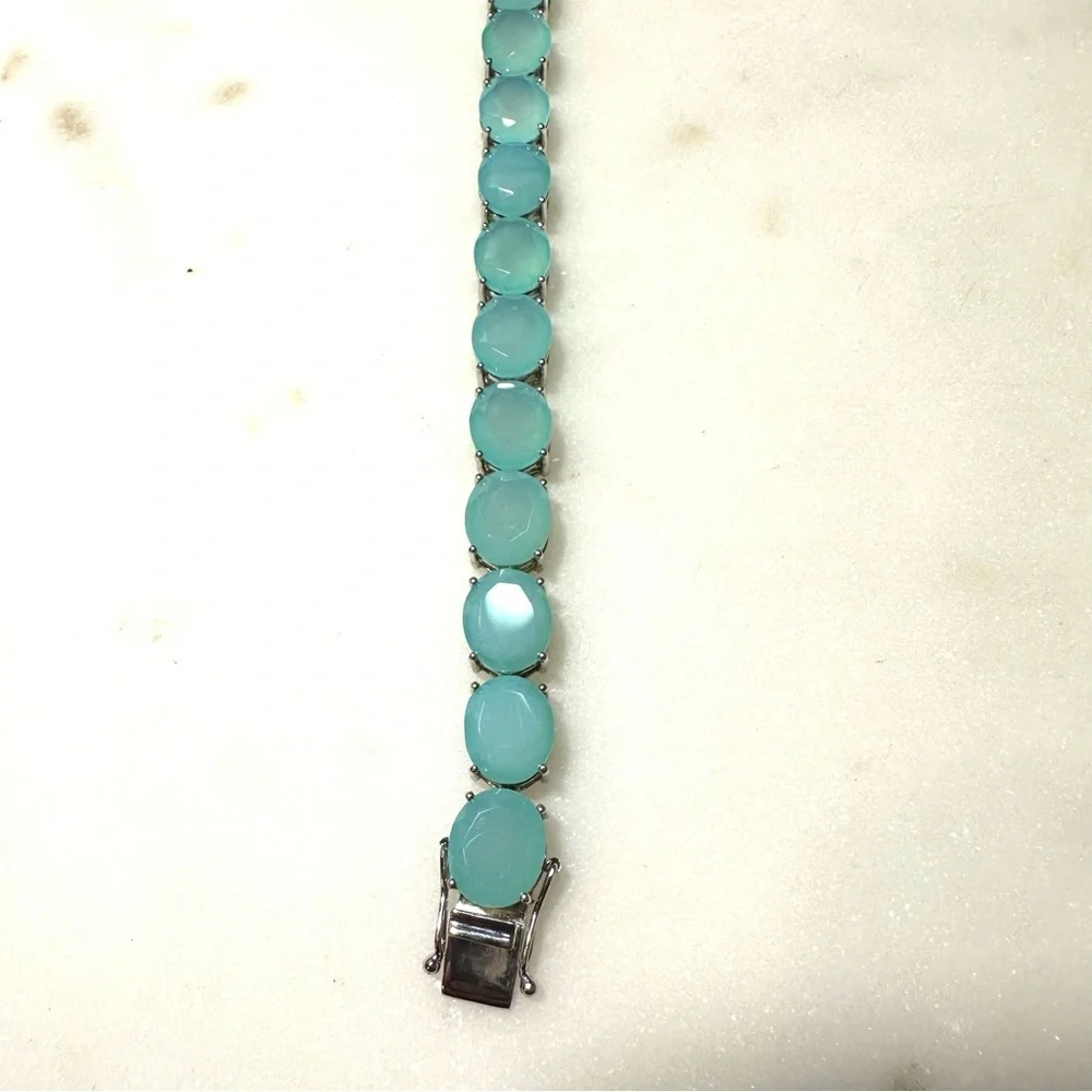 Oval Faceted Aqua Blue Chalcedony Sterling Silver Line Tennis Bracelet 12mm